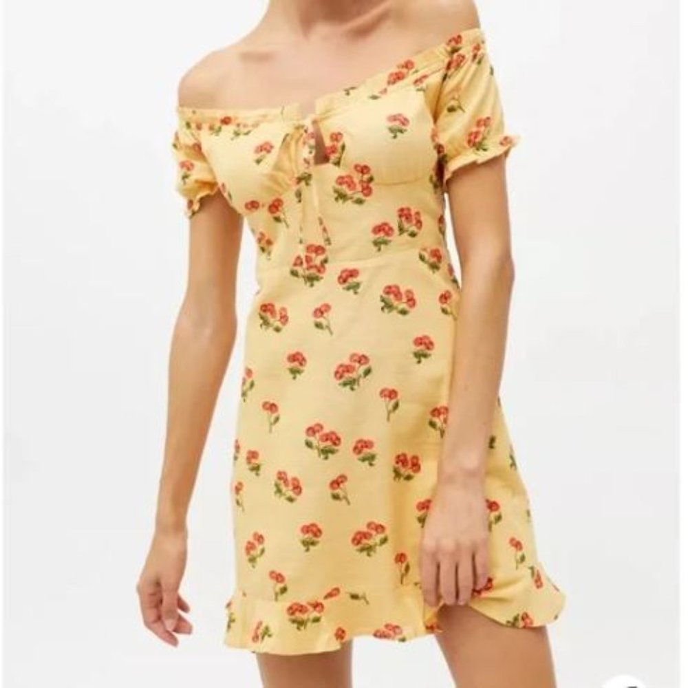 UO Urban Outfitters Yellow Cherries Mini Dress NWT Medium Off Shoulder